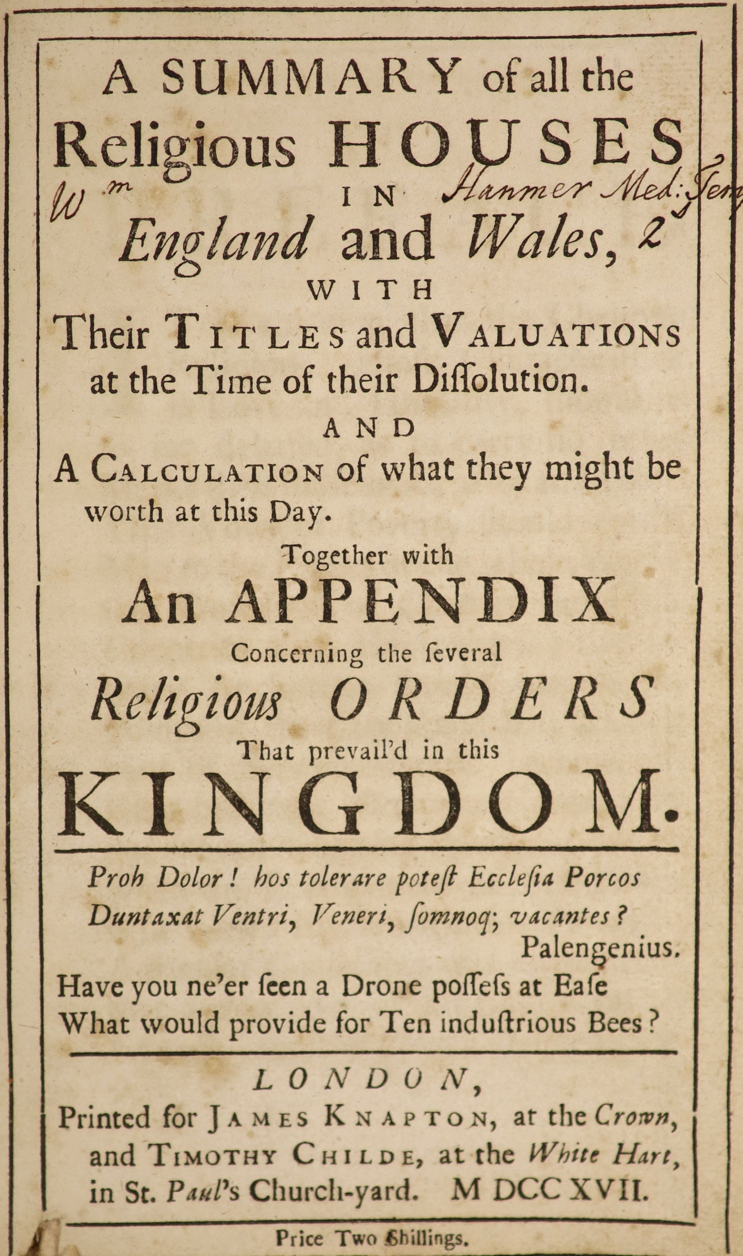 [Burnet, Thomas & Duckett, George] A Summary of all the Relgious Houses in England and Wales, with their Titles and Valuations at the Time of their Dissolution ...
